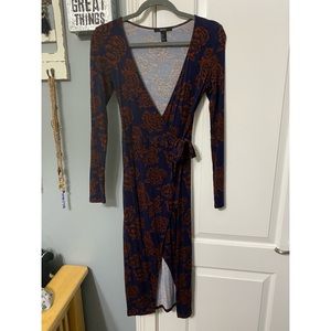 Navy and rust floral wrap dress
